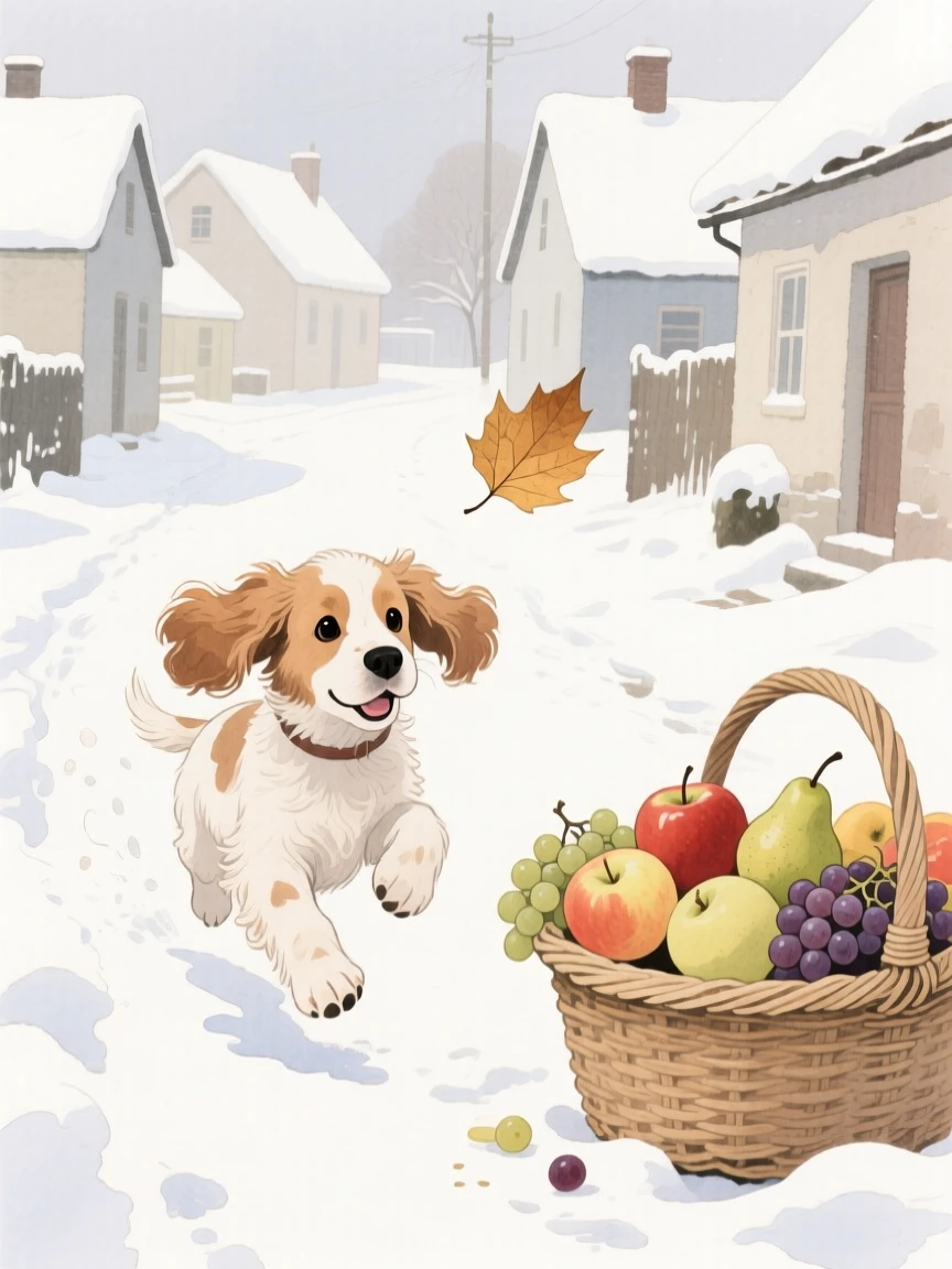 A cocker spaniel puppy chases a fluttering leaf in a snowy village lane, beside a basket of ripe fruit