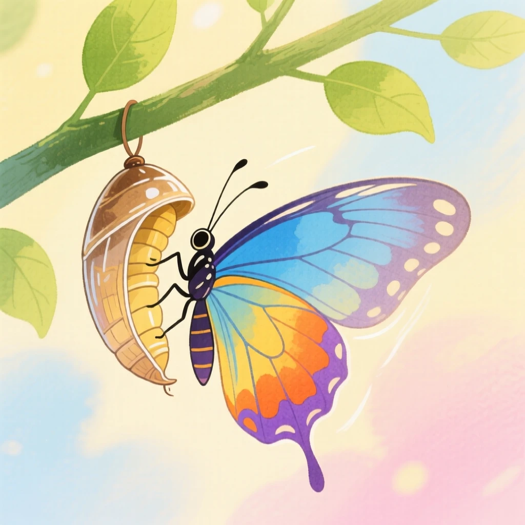 An exciting view of a colorful butterfly emerging from its chrysalis.