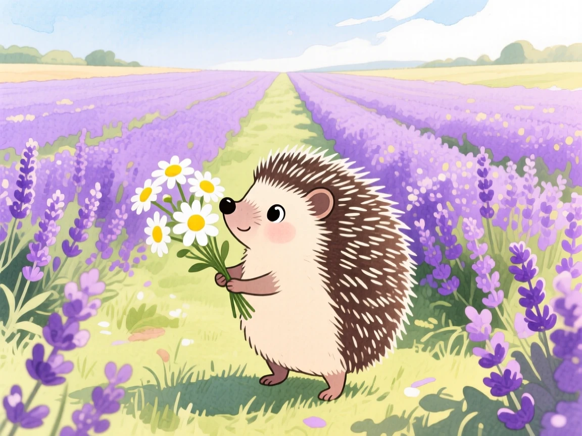 A tiny hedgehog sniffing a bouquet of daisies, set in a lavender field stretching to the horizon, filled with wide-eyed wonder.