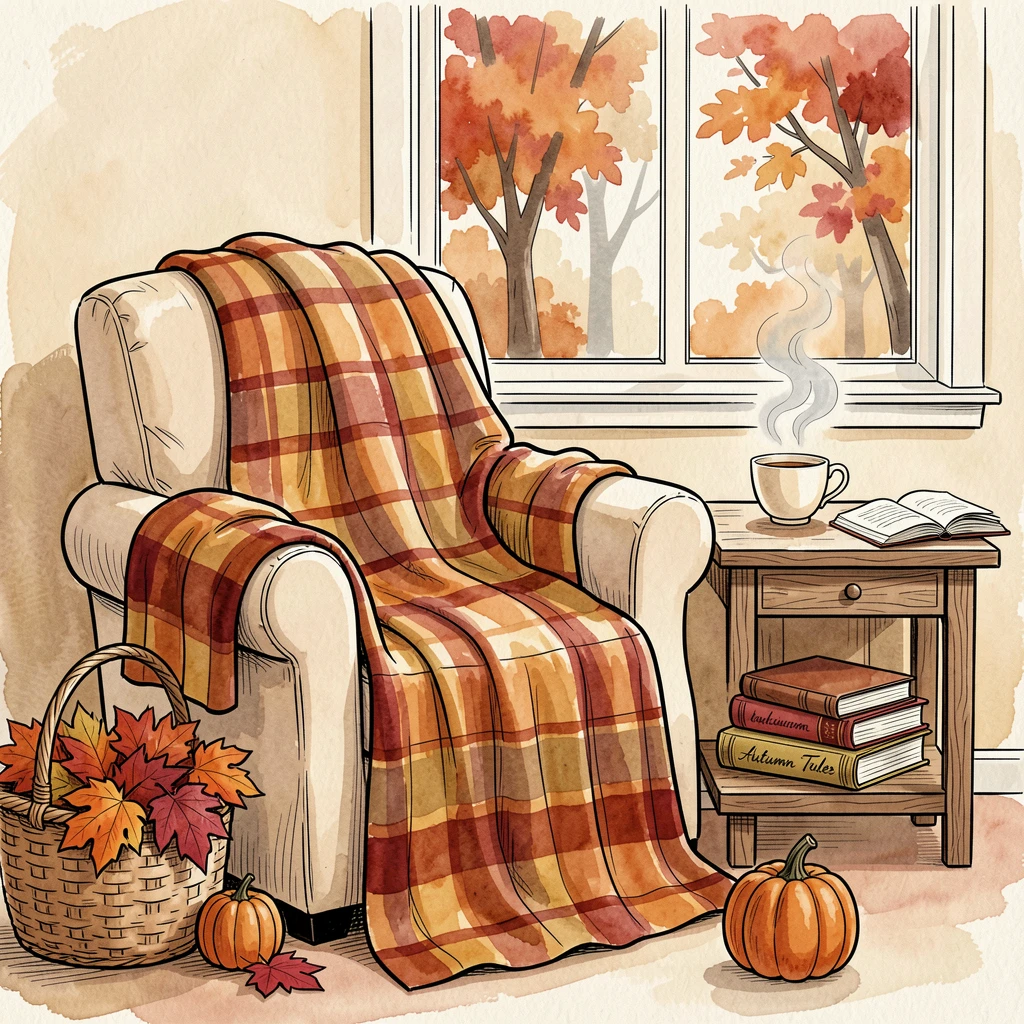 A cozy autumn reading nook with a blanket, tea, and a pile of books, a festive warmth filling the entire scene.