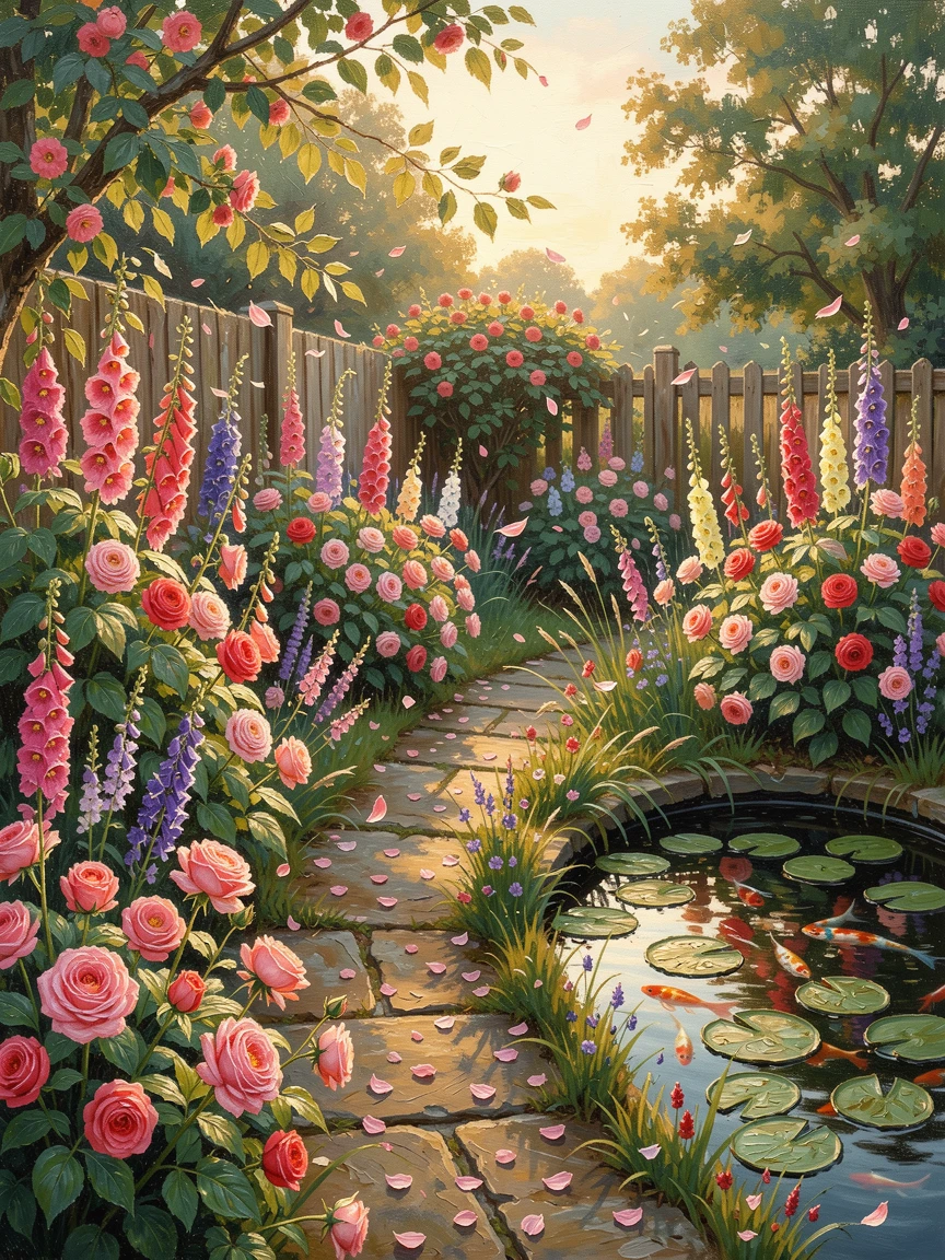 A sprawling English cottage garden in full bloom, a soft breeze scattering petals across the path, beside a koi pond with lily pads drifting on the surface, at golden hour, the flowers glowing warmly in the low light.