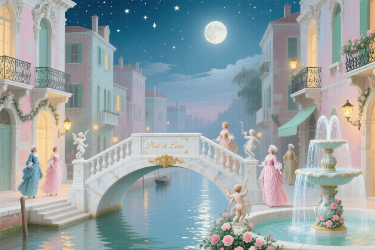 A moonlit city of marble bridges, fountains, and lantern-lit balconies  