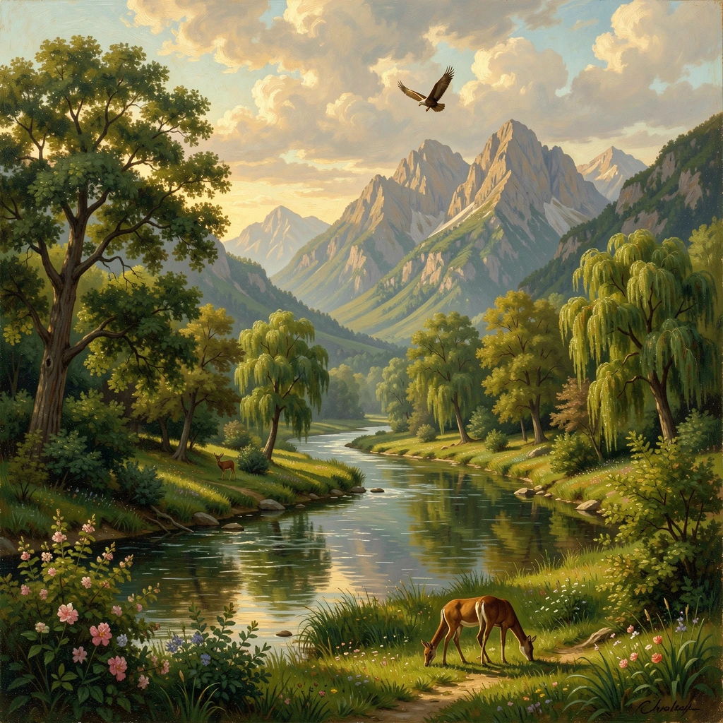 A wide river winds through a lush valley beneath distant mountains.