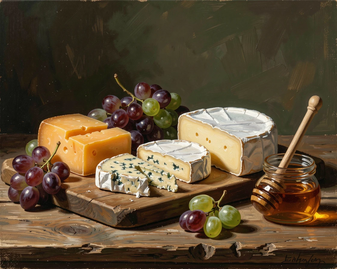 A gourmet cheese board arranged beautifully with grapes and honey, with soft, warm light highlighting every fine texture and detail, offering a classic, gallery-worthy still life composition