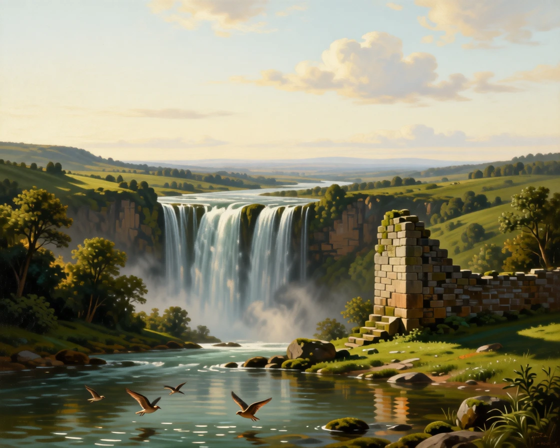 A cascading waterfall tumbling through a mist-filled emerald valley stretching endlessly toward a hazy, distant horizon, set beside the remnants of an old stone wall or ruin, with birds gliding low over the water and long shadows stretching across the grass; a low horizon line gives dramatic weight to an expansive sky, filled with calm, restorative beauty.