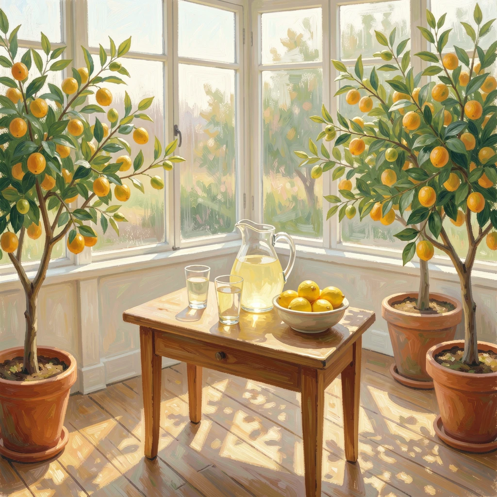 A sunlit sunroom filled with potted citrus trees and a table set for afternoon lemonade, in early spring, filled with a cozy, comforting atmosphere.