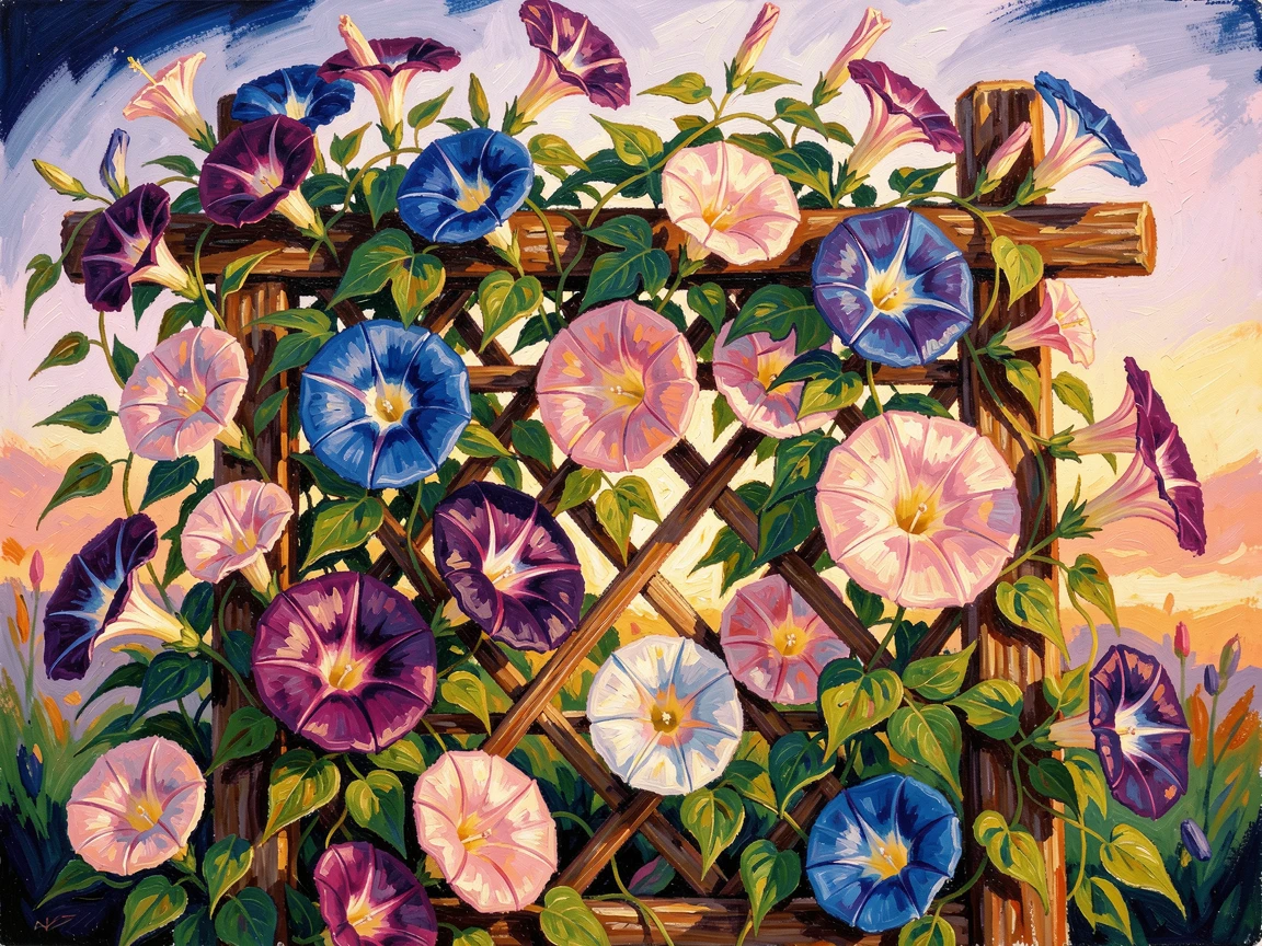 A garden trellis heavy with climbing morning glories opening to greet the sunrise.