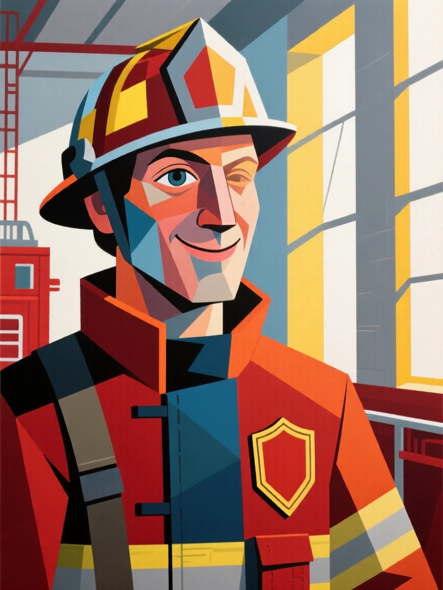 A candid medium shot of a firefighter smiling gently as morning light spills through tall windows.