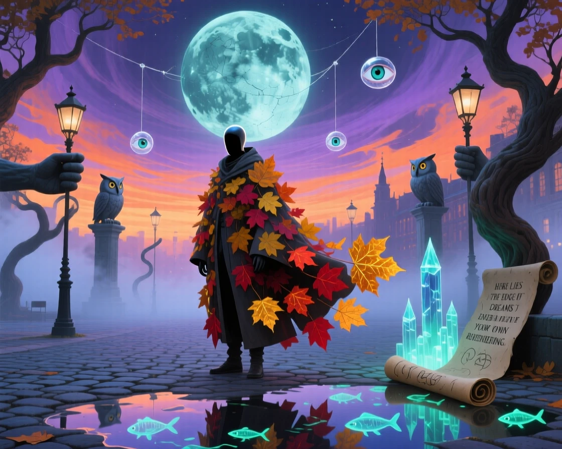 A faceless traveler wrapped in a coat of falling leaves stands motionless at the center of a quiet plaza, while the world around them fades into soft watercolor mist.