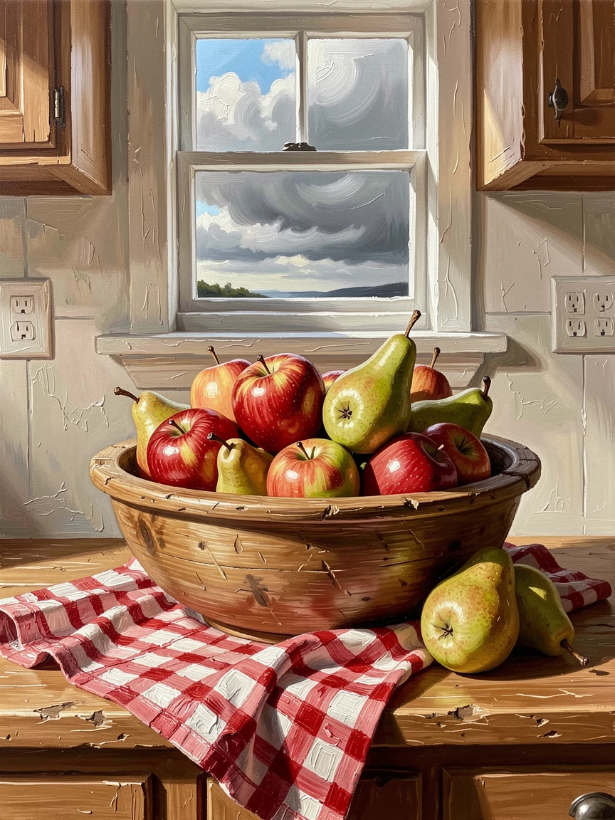 A rustic wooden bowl overflows with freshly picked apples and pears beside a checkered cloth, morning light streaming across a farmhouse kitchen counter, distant weather visible on the horizon hinting at conditions that will arrive within the hour.