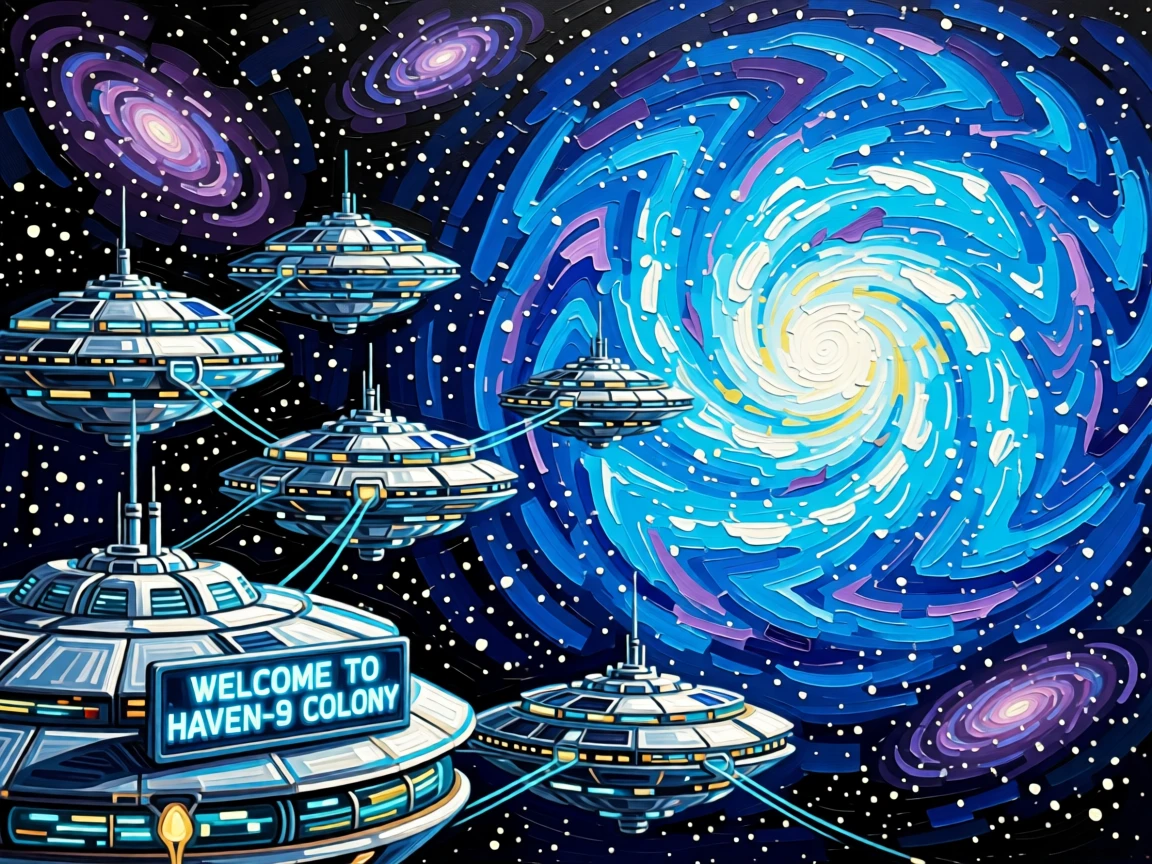 A colony of floating space habitats drifting near a swirling blue nebula