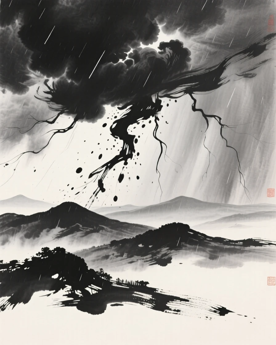 A thunderstorm gathers over distant mountains on a humid summer afternoon, with dark clouds building over the distant ridgeline.