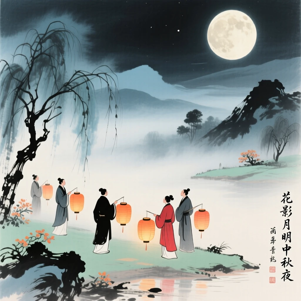 A mid-autumn festival gathering with lanterns lit beneath a full moon, as lanterns are lit for the evening, through swirling morning fog, at the turn of autumn.