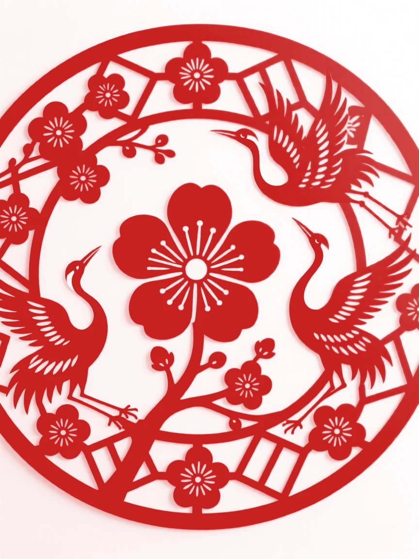 A design of a circular medallion featuring a lattice of plum blossoms and cranes, radiating outward from a central focal point.