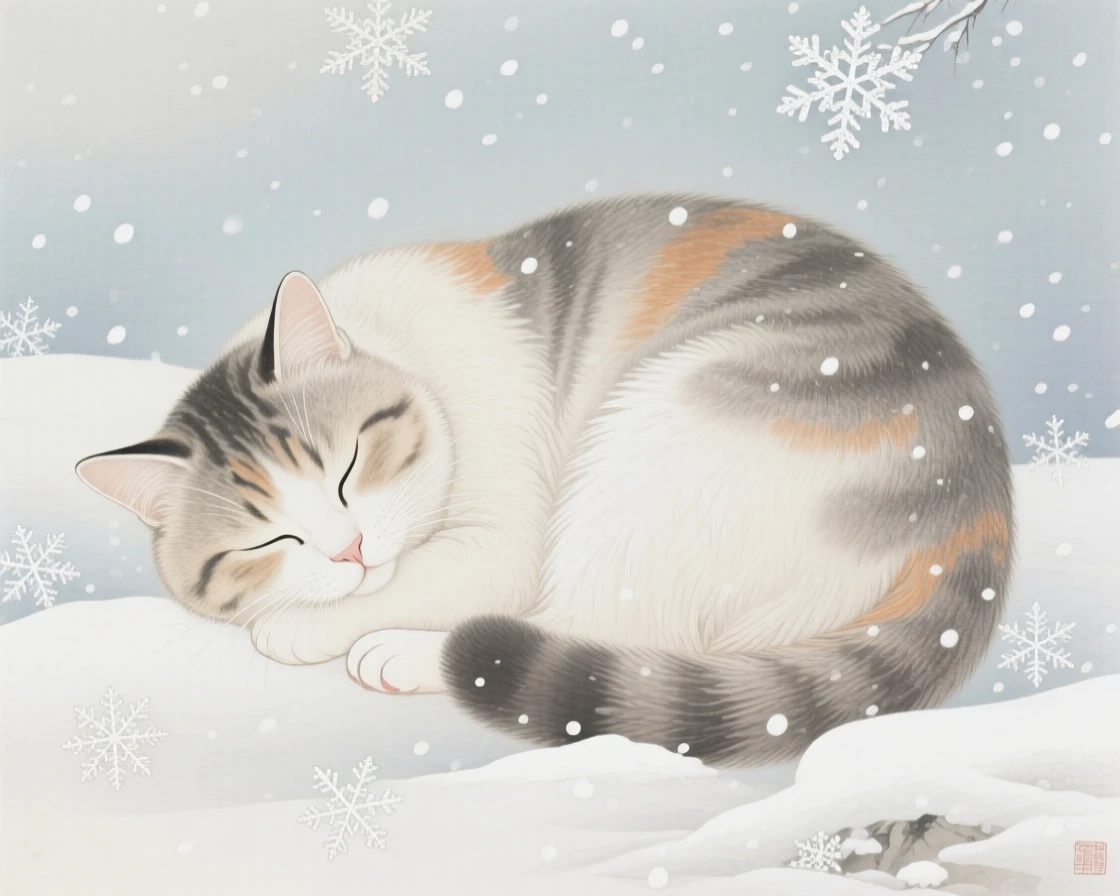 A cat curled up asleep huddled together for warmth in a light snowfall