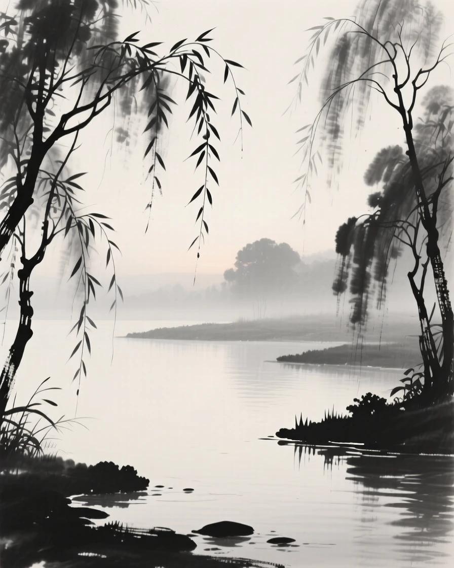 A quiet pond ringed by drooping willow branches at first light, when the world is still hushed and grey, seen from across the water, the far shore reduced to soft silhouette, capturing a fleeting, serene moment suspended in time.