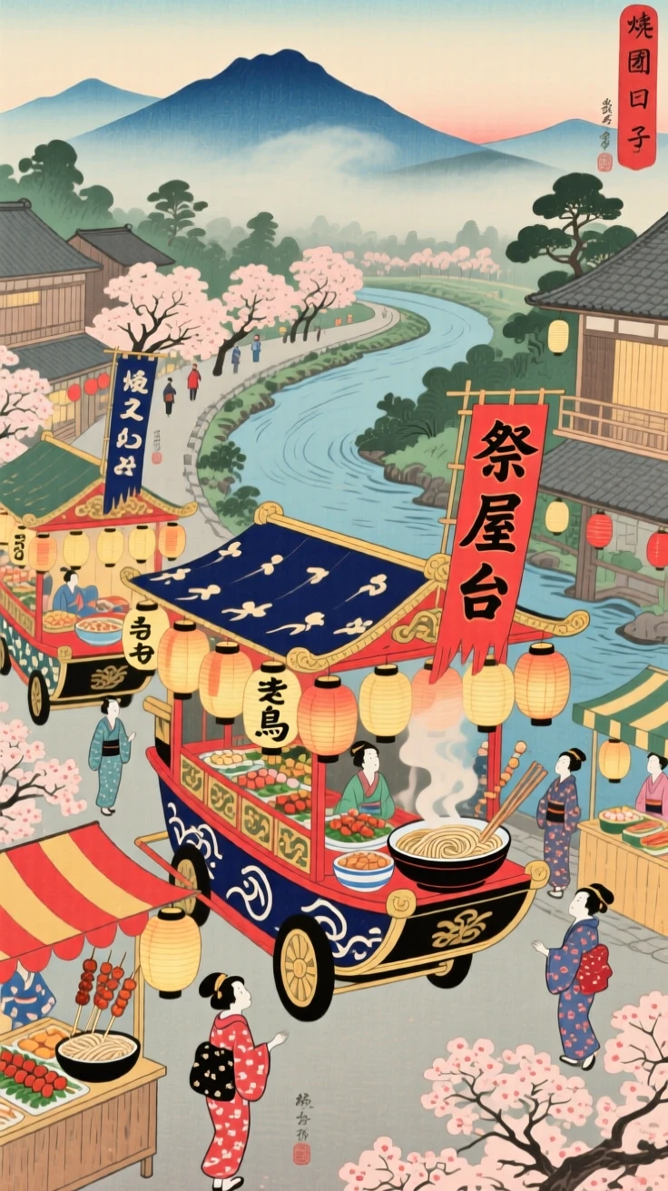 A parade of decorated floats bursting with food stalls and glowing lanterns.