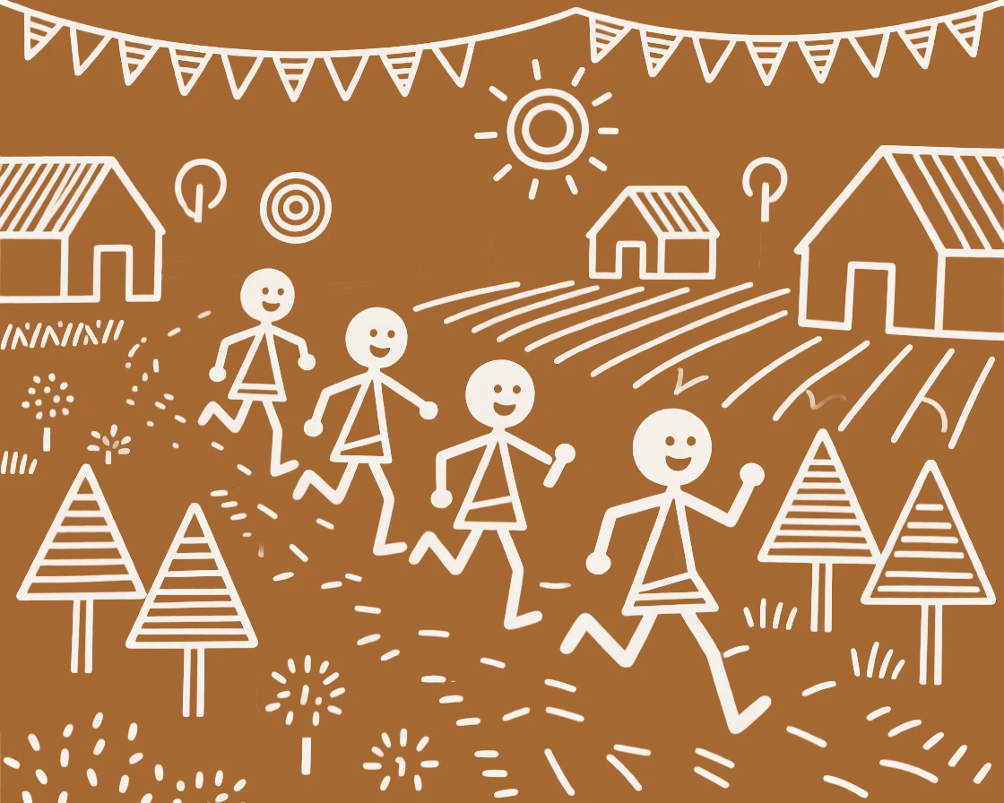 A group of children racing each other down a village path.