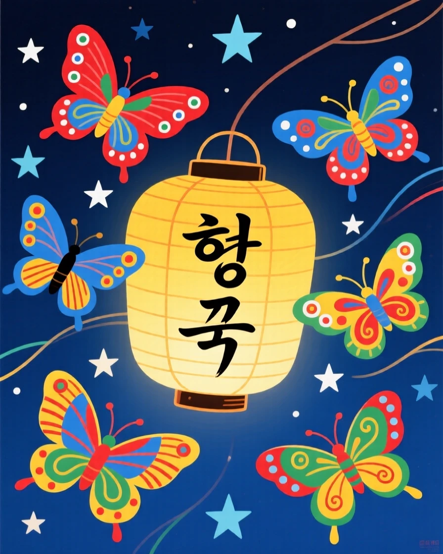 A group of colorful butterflies gathered around a paper lantern at night.