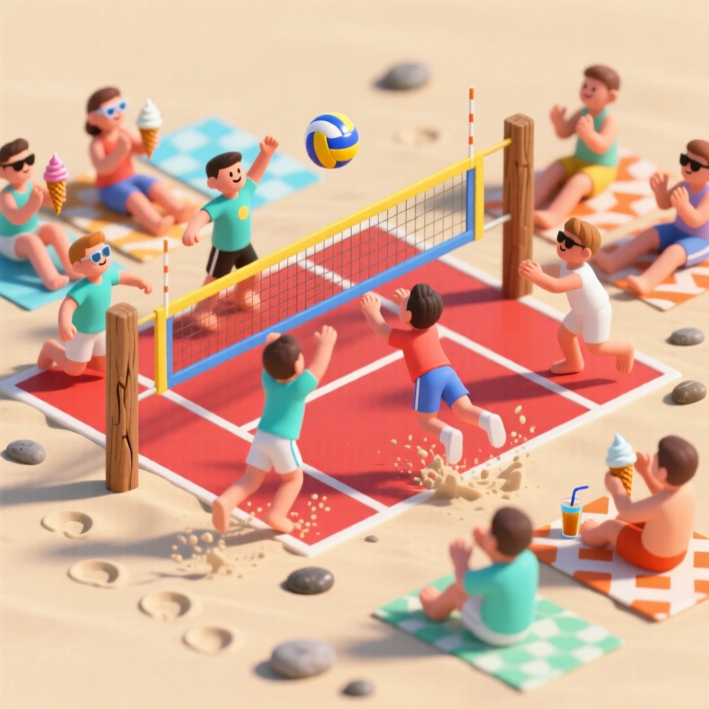 A summer beach volleyball tournament with colorful nets, players diving for the ball, and spectators cheering from towels.