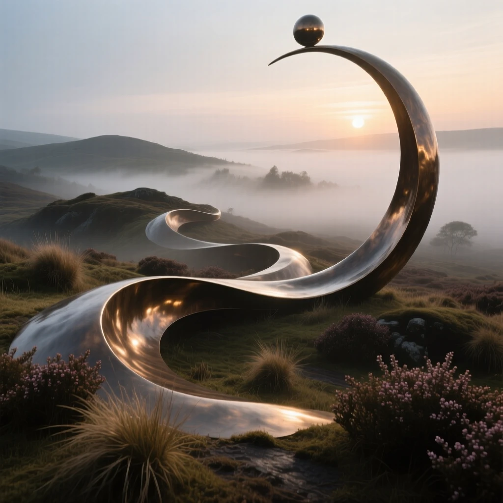 A mysterious foggy moor at dawn, with dramatic natural lighting and rich color, offering a breathtaking sense of place