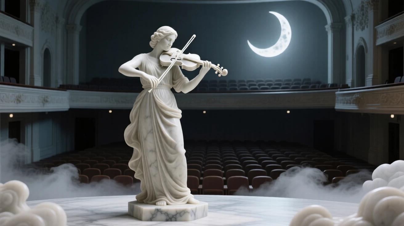 A beautifully composed image of a violinist performing for an empty, moonlit theater, amid swirling clouds and mist, full of atmosphere and visual storytelling