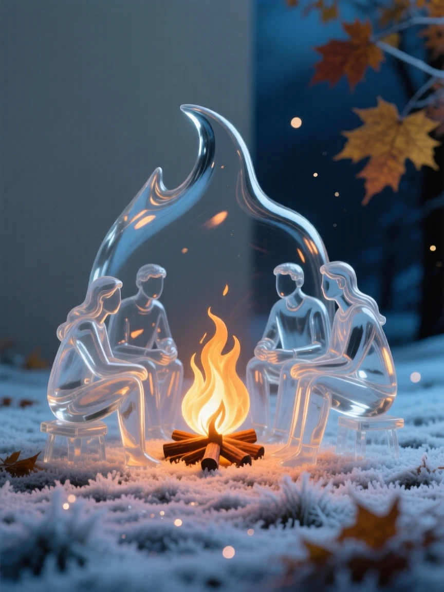 As frost begins to sparkle across the ground, a bonfire surrounded by friends on a cool autumn night