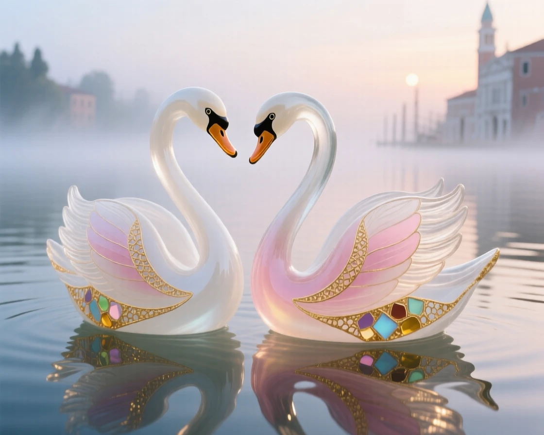 A pair of swans gliding together at dawn through drifting mist over a still lake, ethereal and serene.
