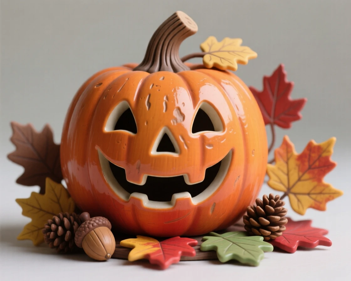 A jack-o-lantern with a cheerful carved grin posed amid seasonal decorations, framed by autumn leaves in warm hues, radiating cheerful holiday spirit.