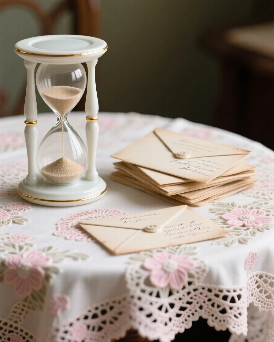 A refined still-life arrangement of an hourglass and old letters on a lace tablecloth, rendered with rich, warm tones.