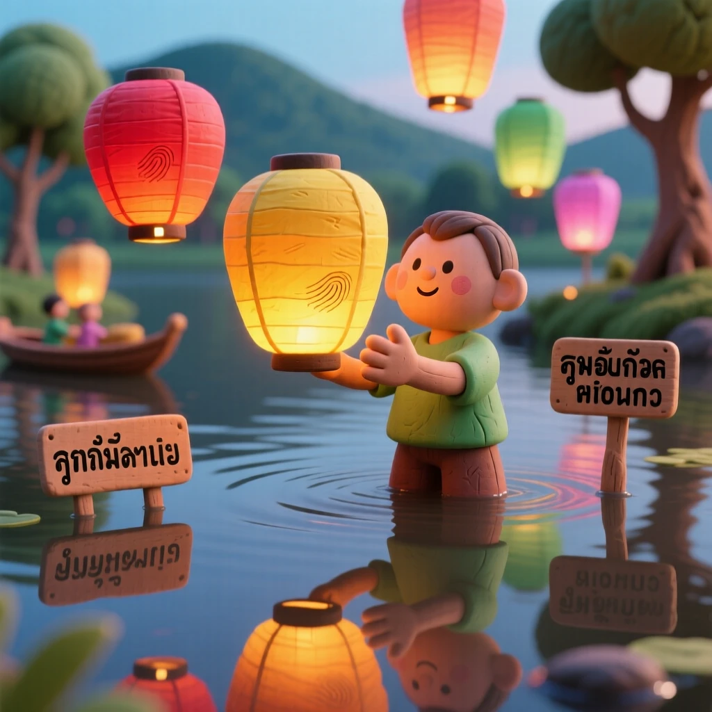 A colorful Thai floating lantern festival reflected in a still river