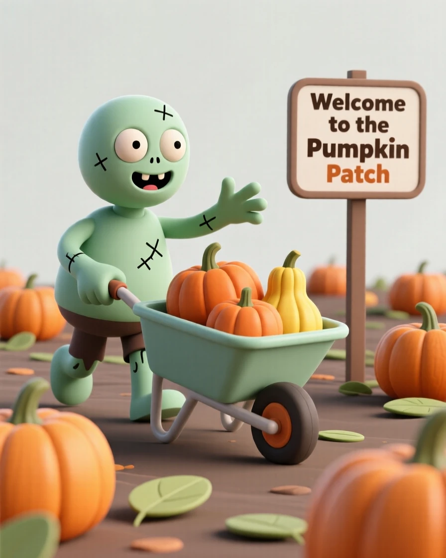 A curious zombie shuffles cheerfully through a pumpkin patch, arms outstretched to help carry a wheelbarrow of squash.