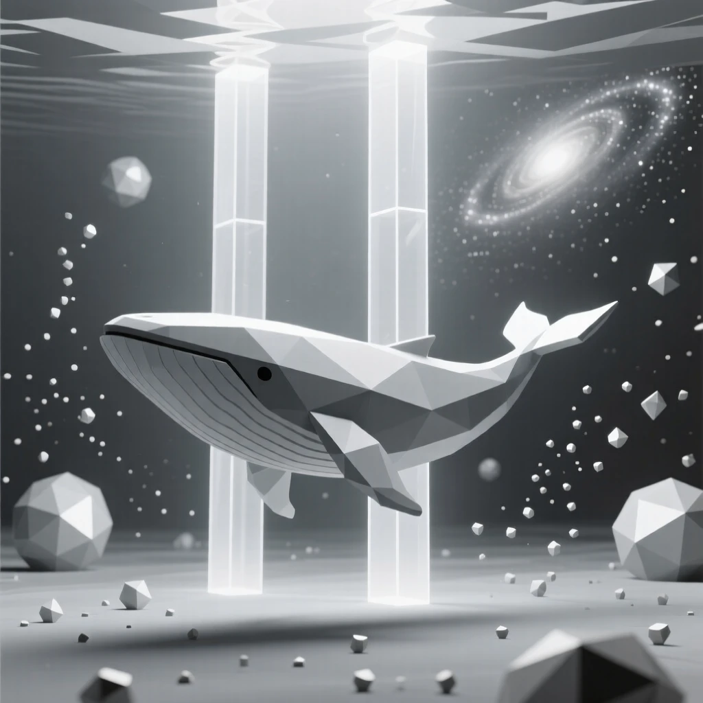 A whale swimming through shafts of underwater light, beneath the soft glow of distant galaxies. fine particle detail adds texture to the vast space. The scene feels vast, mysterious, and awe-inspiring.