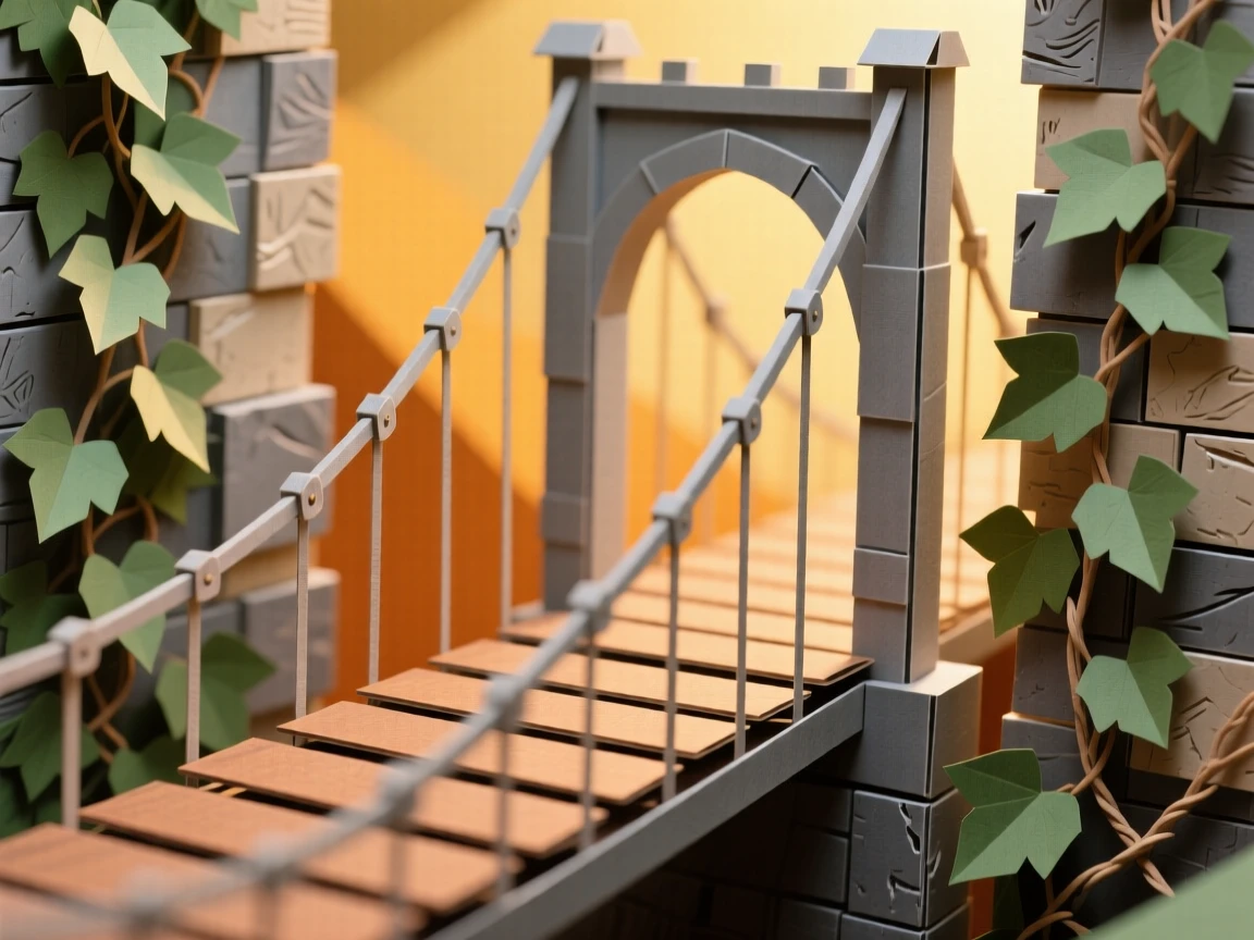 A dramatic suspension bridge bathed in golden late-afternoon light, with ivy climbing along weathered stone walls, evoking quiet historic charm.