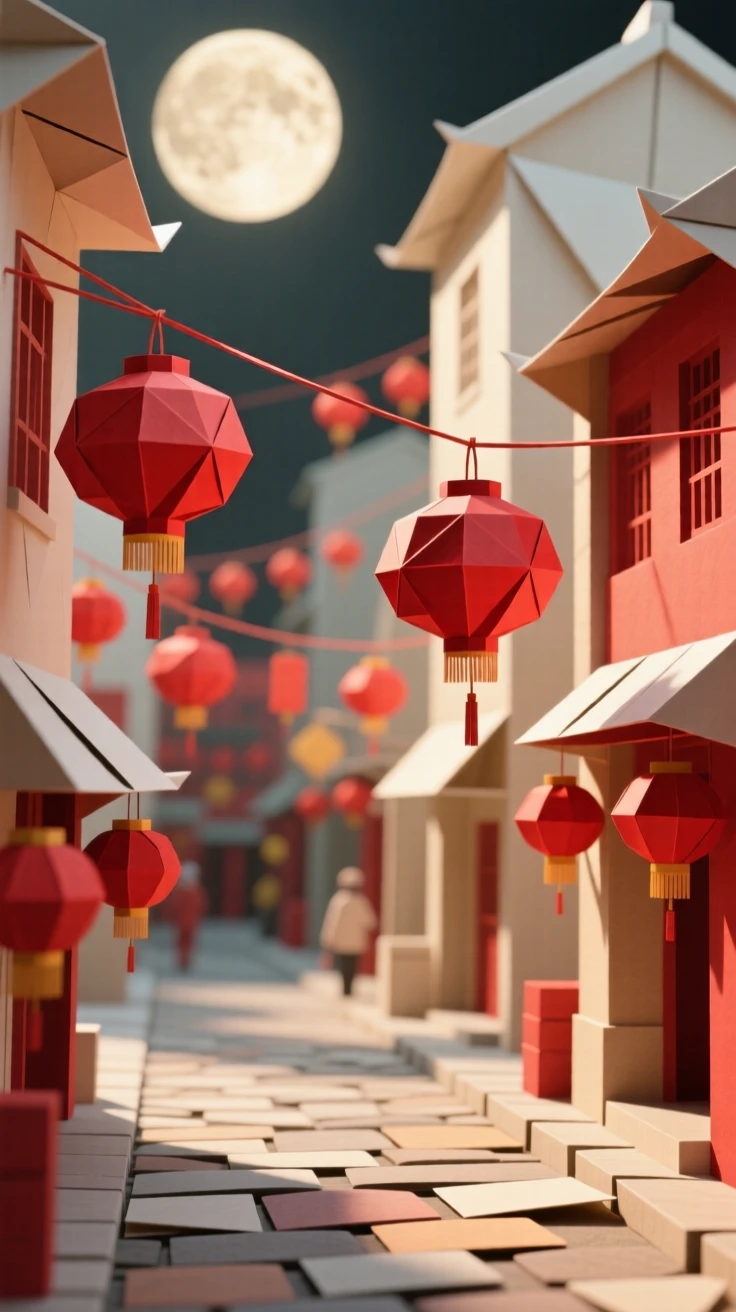 A Lunar New Year celebration scene with red lanterns strung across a bustling street.