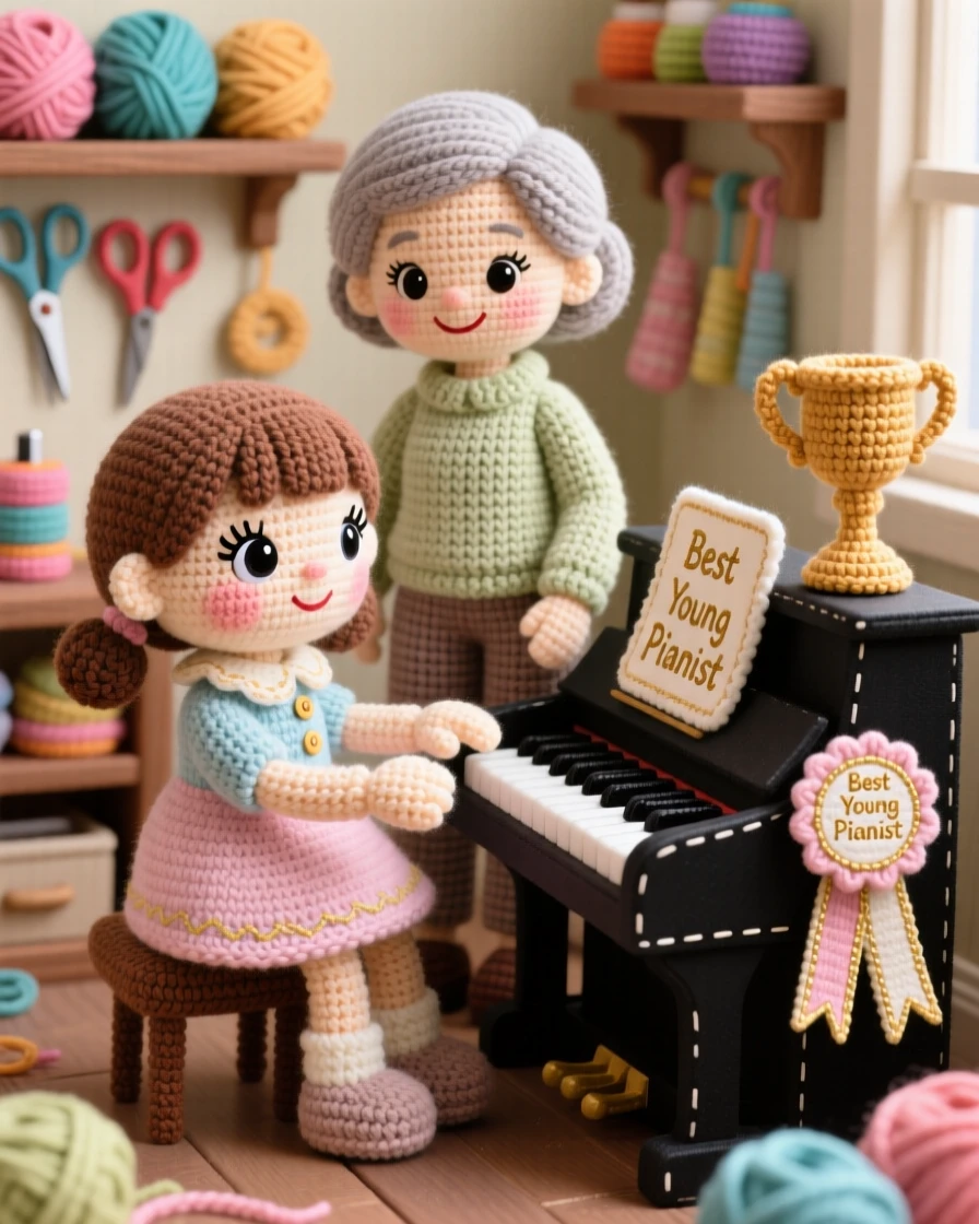 a little girl learning the piano, with careful, practiced fingers, is captured playing a simple tune with her teacher in a cozy craft room filled with supplies beside a small trophy or ribbon nearby, showing focused determination and quiet pride.