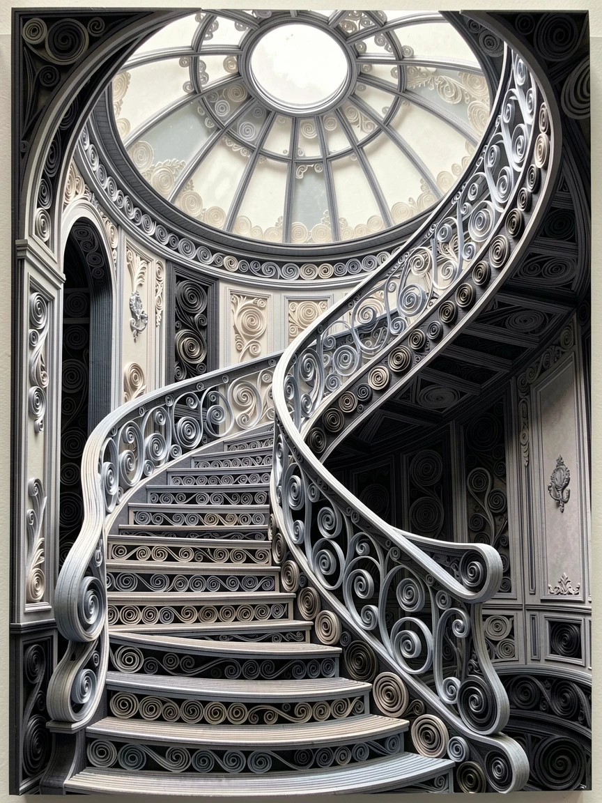 a grand staircase spiraling beneath a domed skylight, in a chic Parisian apartment, framed with rich, deep shadows for contrast, in cool platinum and silver tones.