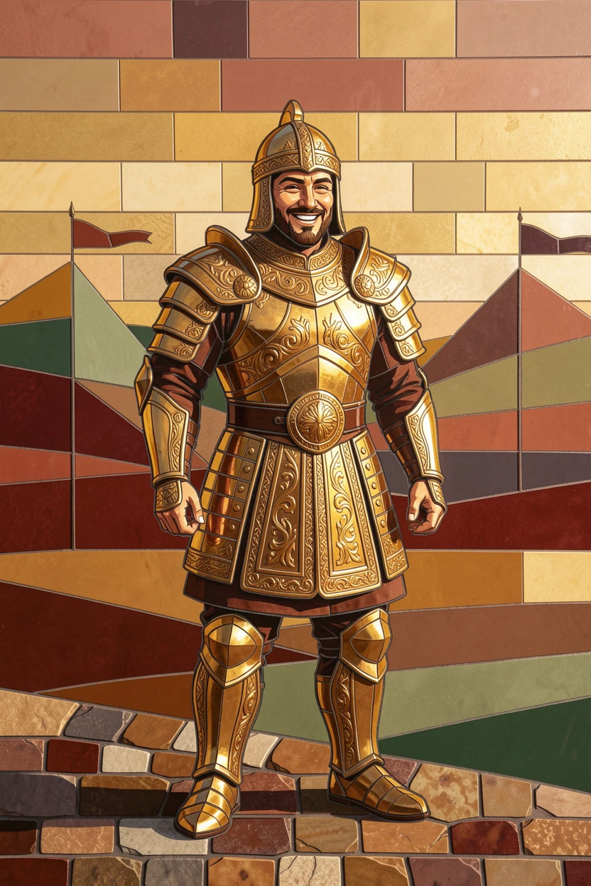 A candid, joyful moment of a warrior in ornate traditional armor standing at the edge of a battlefield, captured with warm golden light.