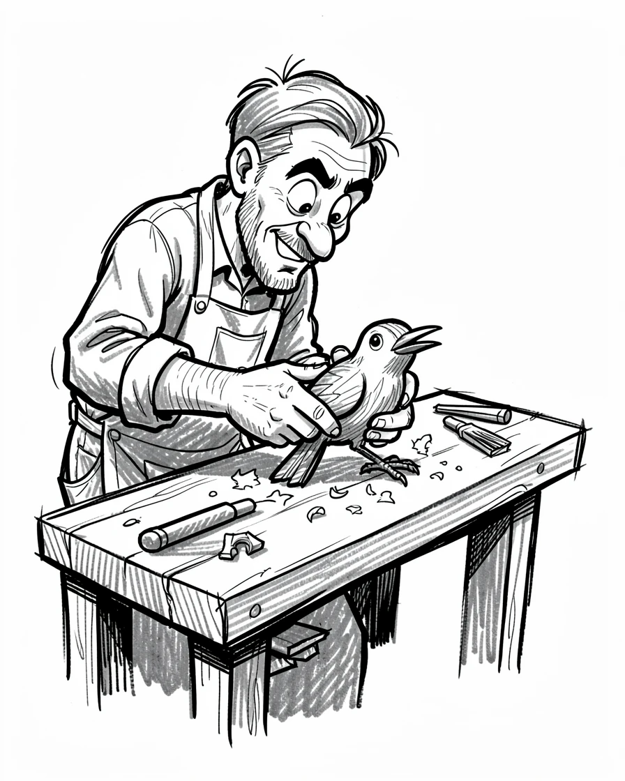 A woodworker carving a small wooden bird beside a workshop bench.