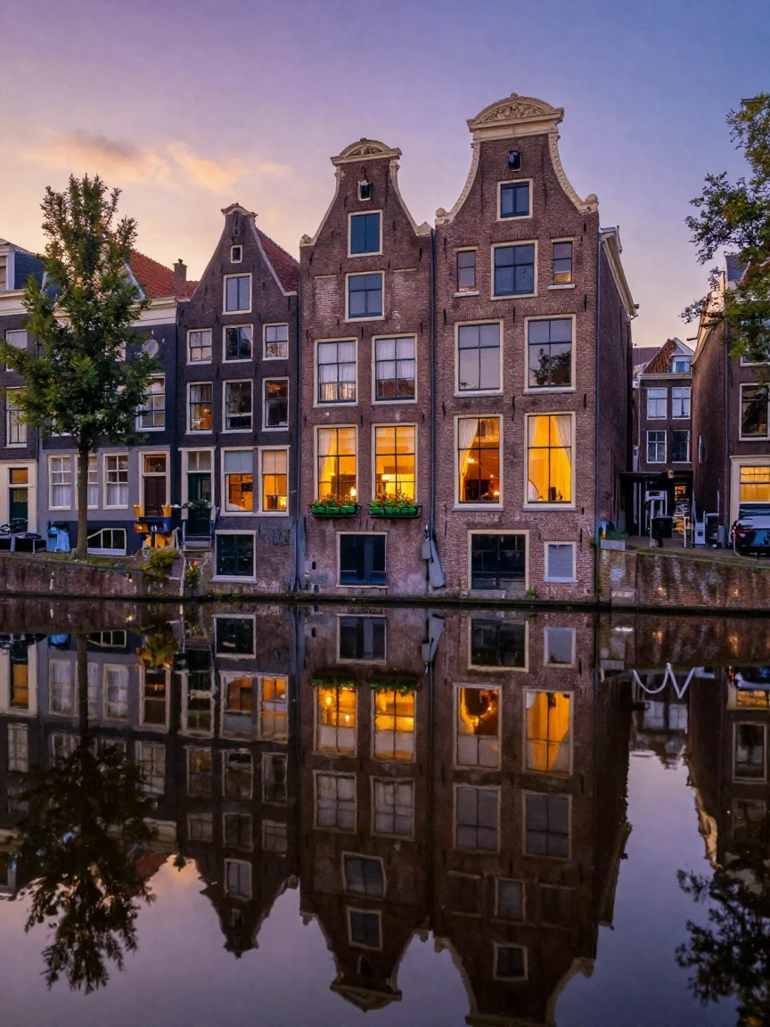 A Dutch canal house reflected in still water at dusk