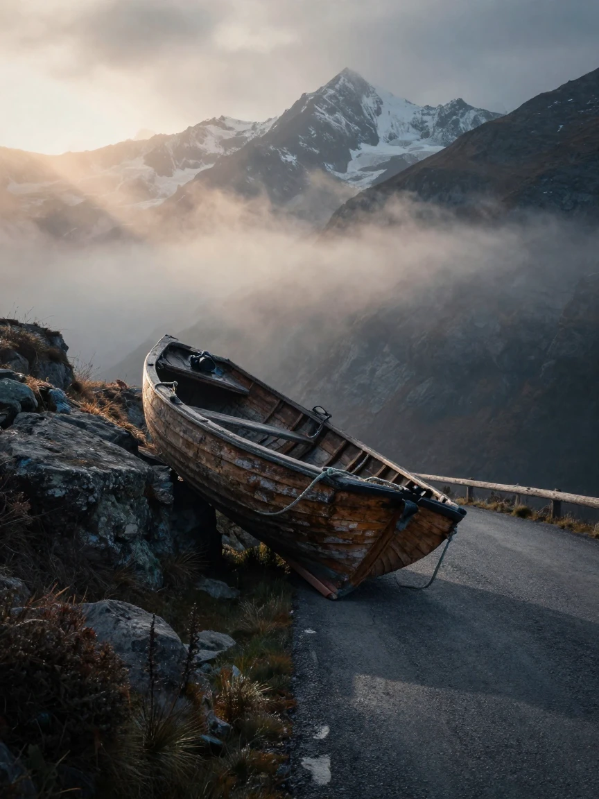 A weathered rowboat climbing a steep alpine road as fog rolls across the landscape
