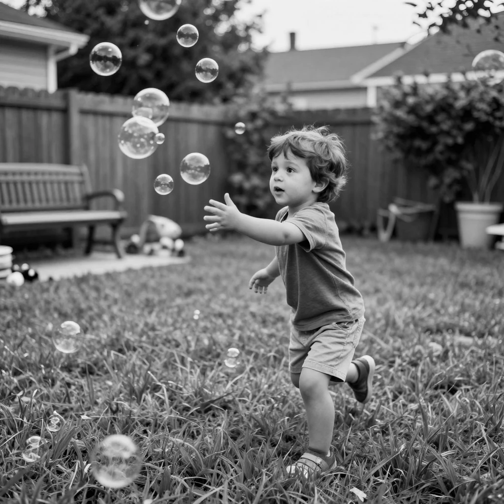 A curious child chases soap bubbles across the yard on a grassy backyard lawn.