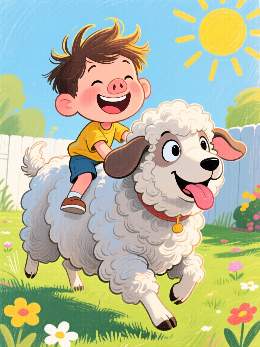 A boy piggybacking his fluffy sheepdog across a sunny backyard.
