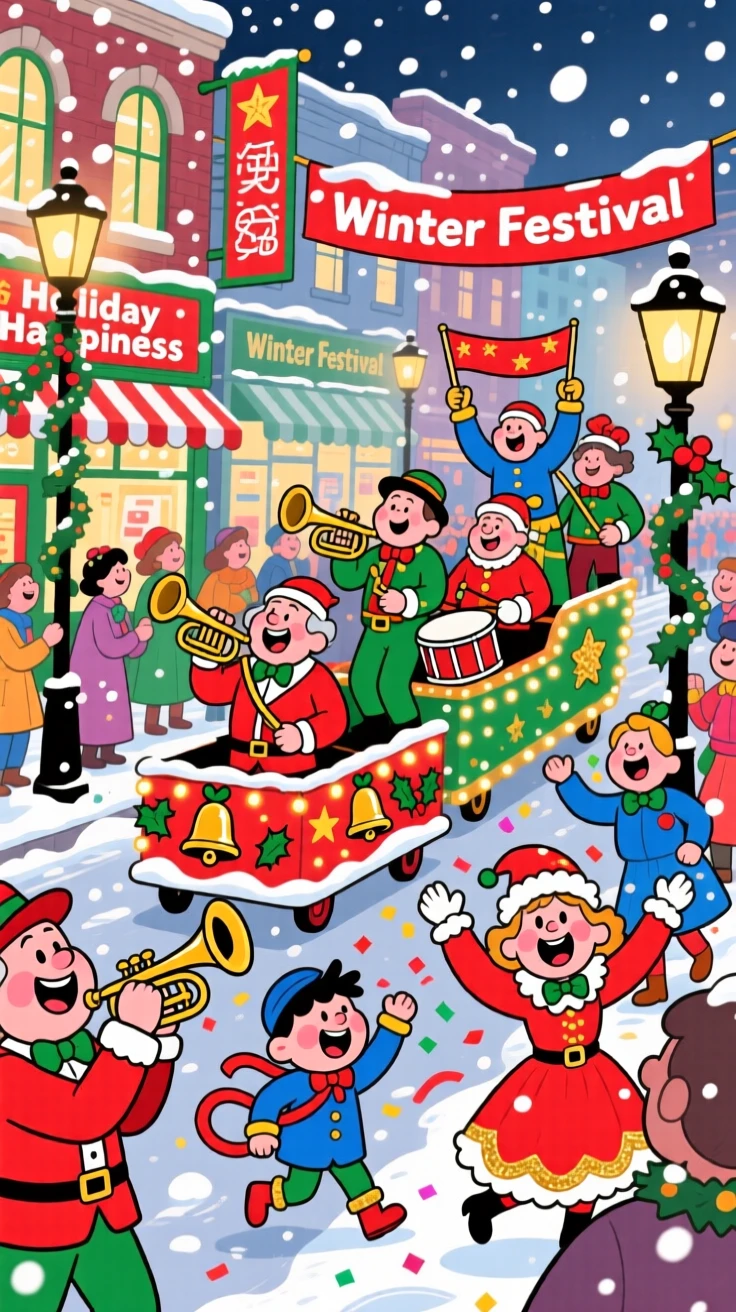 A festive celebration scene of a festive community parading through the streets in festive costumes, as snow gently falls around them.