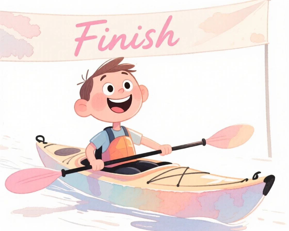 A kayaker crossing the finish line with a joyful smile