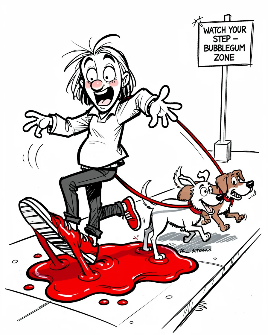 [Funny & Exaggerated Situations] Comical scene of a clumsy dog walker getting a shoe stuck in bubblegum, exaggerated for maximum laughs