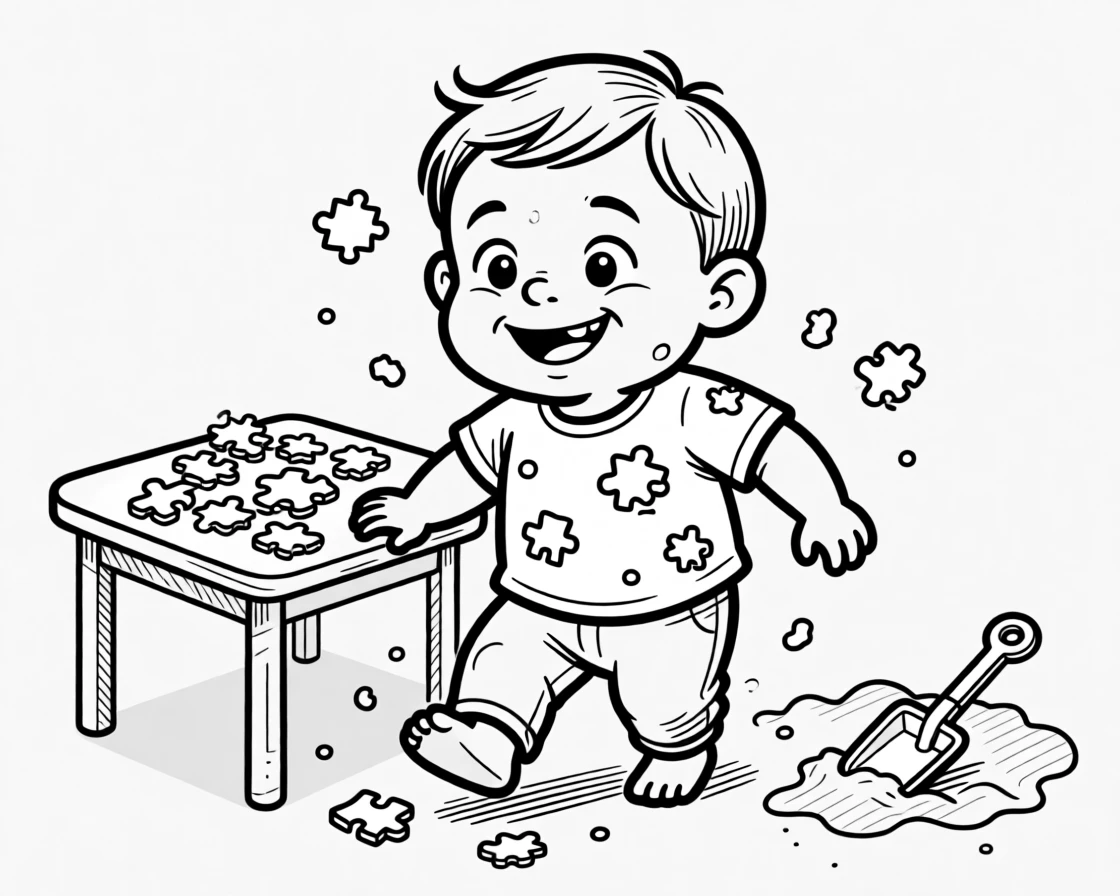 A toddler taking his very first wobbly steps, grinning guiltily with crumbs scattered everywhere, set at a table scattered with puzzle pieces. A plastic shovel lies abandoned in the sand. The scene captures the wild imagination only kids have.
