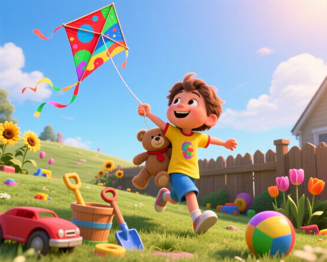 A child flying a colorful kite on a windy hill takes place in a sunny backyard scattered with toys, with a stuffed animal tucked under one arm. The scene bursts with childhood wonder and delight.