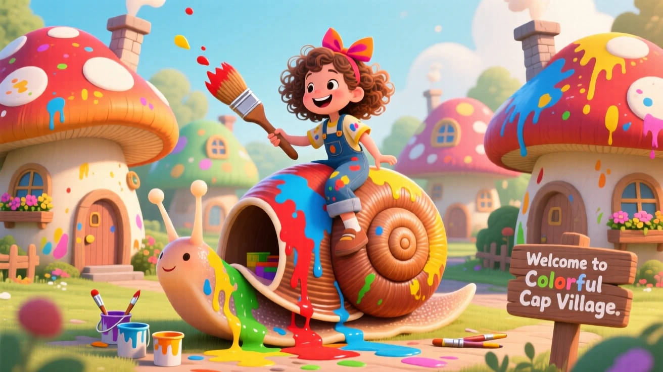 In a neighborhood of mushroom-cap houses, a girl riding a giant snail spends the day painting the inside of a snail's shell, with color spilling from every rooftop.