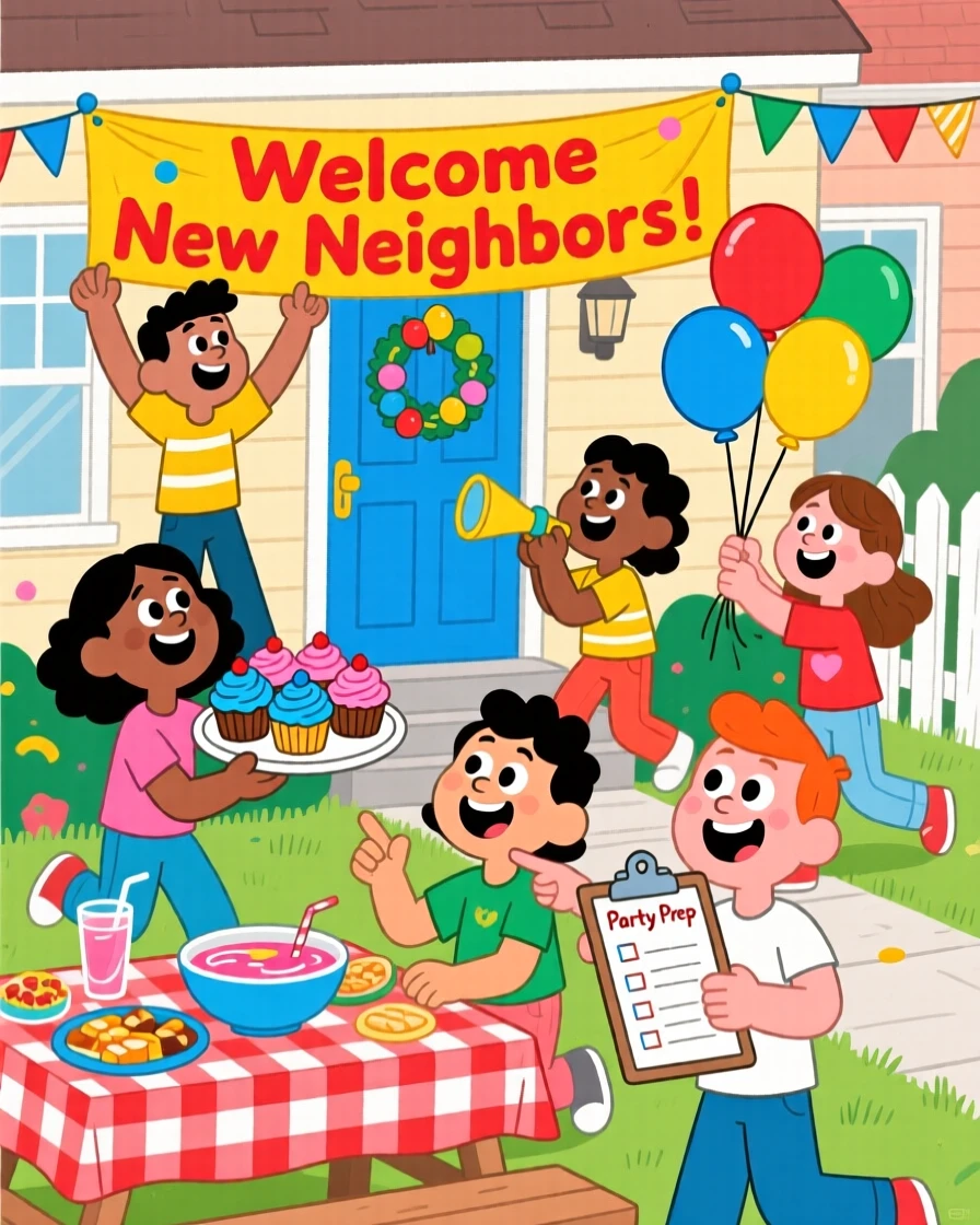 A group of friends organizing a surprise welcome party for new neighbors.
